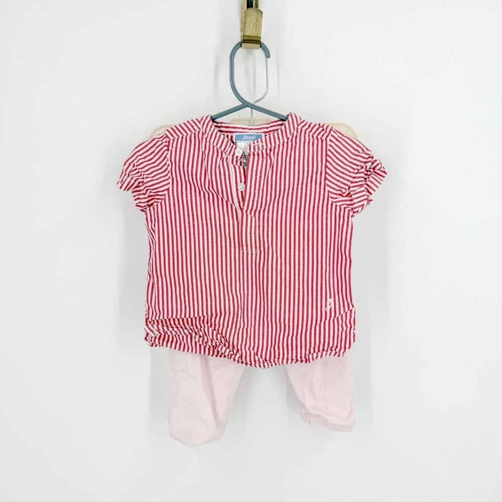 Jacadi Red and White Button Down Shirt, pink pants and white bodysuit (3 pieces)